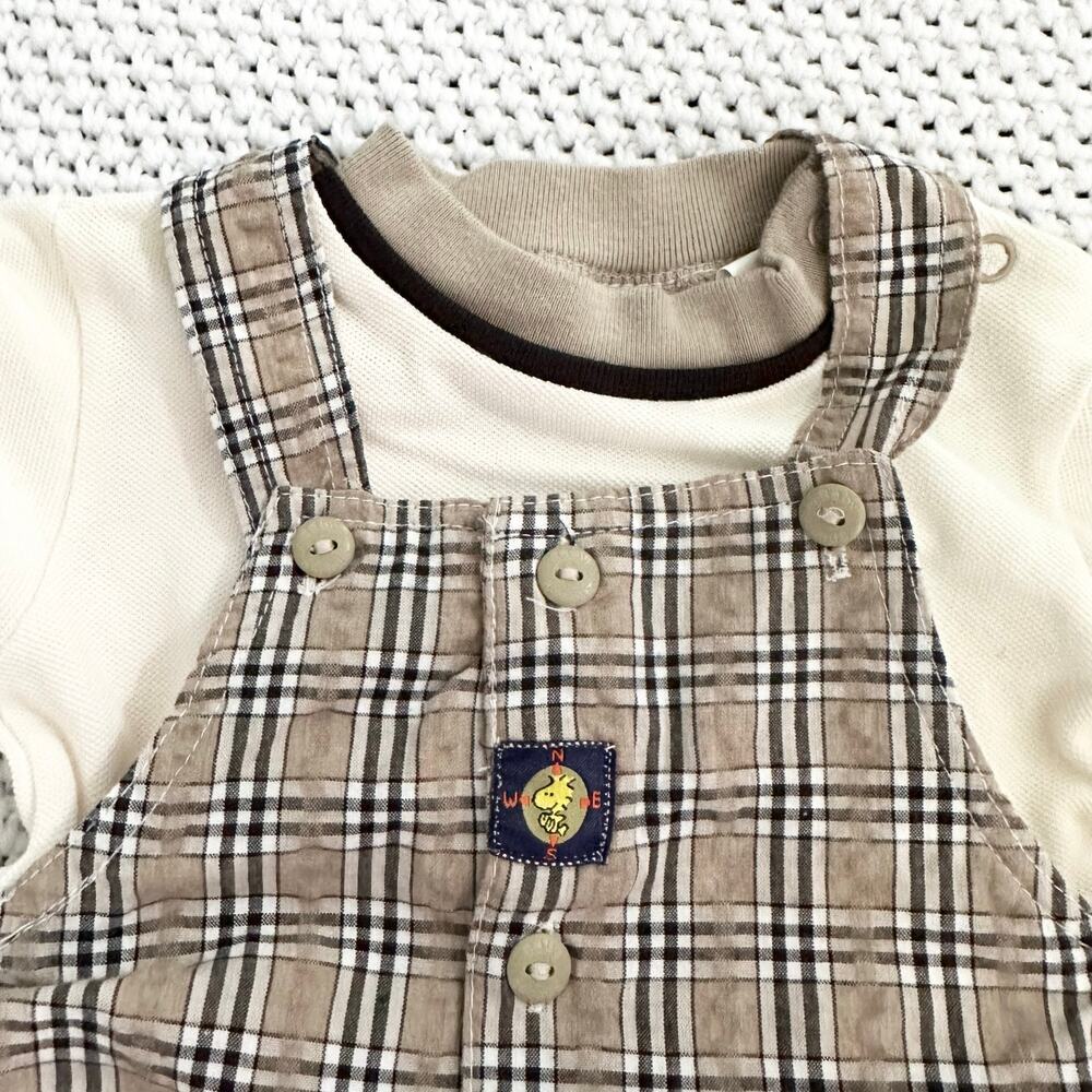 Baby Snoopy Safari Brown Grid Plaid Cargo Overalls Tee Shirt Bucket Hat 6-9M Y2K - Picture 3 of 7